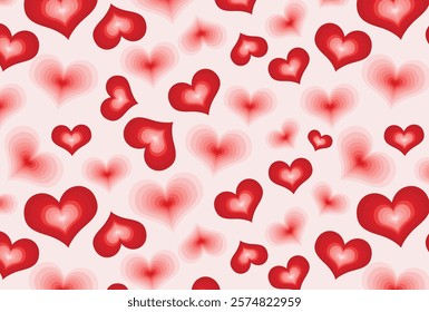 Seamless pattern featuring vibrant red gradient hearts on soft pastel pink background. Perfect for Valentine Day, love-themed designs, wedding invitations, greeting cards, wrapping paper, decorations.