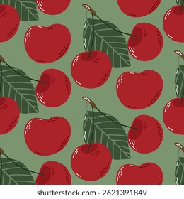 Seamless Pattern Featuring Vibrant Red Cherries and Green Leaves on Olive Background. A seamless artistic pattern of red cherries paired with green leaves on a muted olive backdrop, ideal for textiles