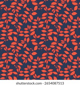Seamless pattern featuring vibrant red leaves on a deep navy background. This botanical design is perfect for autumn-themed projects, textiles, packaging, wallpaper, and invitations.
