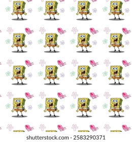 Seamless pattern featuring vibrant SpongeBob SquarePants illustrations, perfect for textiles, packaging, and merchandise designs.