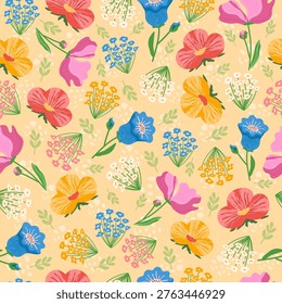 Seamless pattern featuring vibrant spring flowers. A hand-drawn floral texture suitable for printing on textiles, wrapping paper, and wallpaper, or for use as a background. Decorative design with meadow plants. Vector.