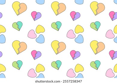 A seamless pattern featuring vibrant whole and broken hearts in pastel colors, arranged on a white background.