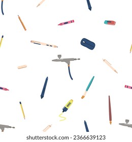 Seamless Pattern Featuring Vibrant Writing Tools Pens, Pencils, And Brushes. Perfect For Creative Minds And Stationery