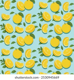 A seamless pattern featuring vibrant yellow citrus fruits and green leaves against a soft blue background. The pattern consists of whole oranges and lime wedges, arranged in a repeating motif. 