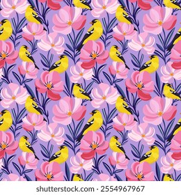 Seamless pattern featuring vibrant yellow birds and pink flowers on a purple background, perfect for spring and summer designs, textiles, and wallpapers