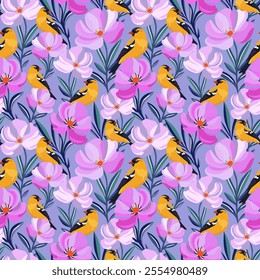 Seamless pattern featuring vibrant yellow birds and colorful pink and purple flowers with green leaves on a light purple background, perfect for spring and summer designs