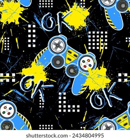 Seamless pattern featuring video game controllers, yellow paint splashes, pixel blocks, and OK text on a black background. Perfect for gaming-themed designs, youth streetwear, or playful textile print