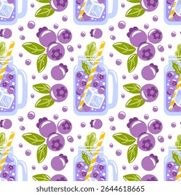 A seamless pattern featuring vintage glass drinking jars filled with blueberry drinks surrounded by fresh berries. This charming design conveys a rustic and refreshing summer vibe