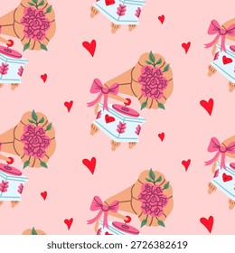 Padrão sem costura com gramofones vintage decorados com rosas e corações cor-de-rosa em um fundo rosa claro, ideal para projetos de Dia dos Namorados e papel de embrulho