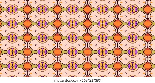 A seamless pattern featuring warm earthy tones and retro-inspired shapes, including orange, purple, and peach hues.