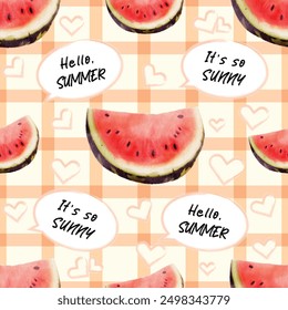 A seamless pattern featuring watercolor illustrations of watermelon slices, paired with playful text. Perfect for use in summer-themed projects.