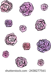 Seamless pattern featuring watercolor-style roses in varying shades of pink, purple, and red.