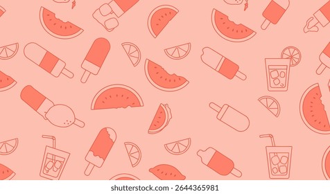 A seamless pattern featuring watermelon slices, popsicles, and drinks with ice, all in a matching color scheme.