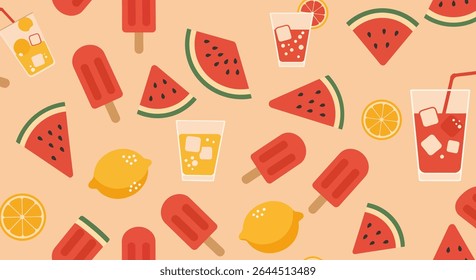 Seamless pattern featuring watermelon slices, red popsicles, yellow lemons, and refreshing drinks with ice cubes and orange slices.