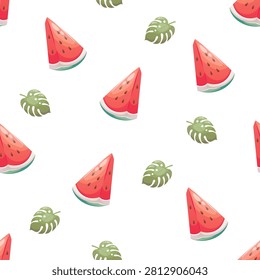 A seamless pattern featuring watermelon slices and monstera leaves