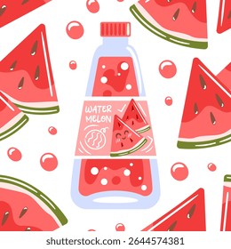 Seamless pattern featuring watermelon soda in a glass bottle, complemented by juicy watermelon pieces, creating a fun and refreshing design ideal for summer-themed projects and beverage illustrations.