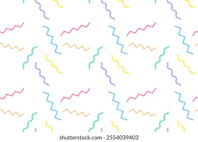 Seamless pattern featuring wavy and zigzag lines in pastel colors on a white background, perfect for playful designs.