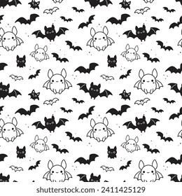 Seamless pattern featuring whimsical black bats on a white background, perfect for Halloween-themed designs and decorations. Playful vector illustration