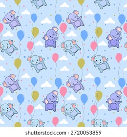 Seamless pattern featuring whimsical, cartoon-style elephants floating through a light blue sky perfect for children's textiles or nursery decor.