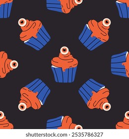 Seamless pattern featuring whimsical cupcakes with playful eyes, perfect for adding a fun and quirky touch to Halloween-themed designs