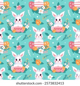 A seamless pattern featuring whimsical Easter bunnies, colorful eggs, and vibrant flowers. Perfect for festive designs, this illustration captures the joy and renewal of springtime celebrations.