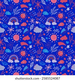 seamless pattern featuring whimsical elements such as rainbows, clouds, stars, suns, flowers, and leaves in vibrant blue, red, and pink colors