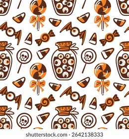  seamless pattern featuring a whimsical jar filled, candies shaped like eyes, lollipops, skulls, and bats. playful design captures the fun and spooky essence of Halloween, perfect for festive prints.