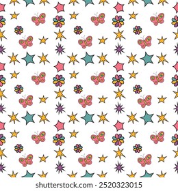 Seamless pattern featuring a whimsical mix of flowers, butterflies, and stars. Perfect for textiles, wallpapers, and kids' products, adding a dreamy, playful, and enchanting touch to creative designs.