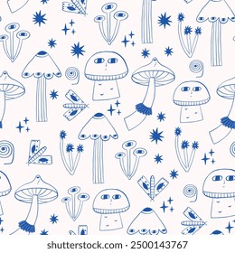 Seamless pattern featuring whimsical mushrooms, insects, stars, and plants. Blue line art on a white background creates a playful and intriguing design