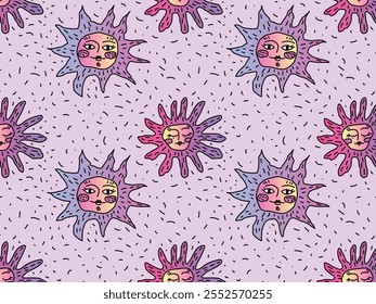 Seamless Pattern Featuring Whimsical Suns with Faces. Vibrant Design in Pink and Purple Tones. Decorative Composition on Light Background for Fantasy or Playful Themes. Flat Vector Illustration.