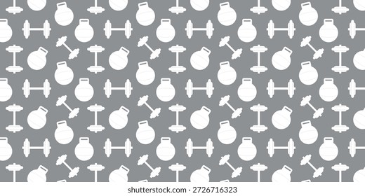 Un patrón sin fisuras con mancuernas blancas y pesas rusas dispuestas sobre un fondo gris sólido, perfecto para temas de fitness y entrenamiento, que simboliza la fuerza y el ejercicio.