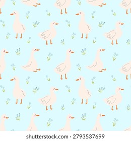 Seamless pattern featuring white geese with orange beaks scattered among small blue and green flowers on a light sky blue background. Designed in a minimalist Scandinavian folk aesthetic, this endless repeating animal print is ideal for spring nursery wallpaper, baby textiles, children apparel, and wrapping paper.