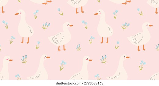 Seamless pattern featuring white geese with orange beaks scattered alongside small light blue flowers on a pastel pink background. Designed in a minimalist Scandinavian folk aesthetic, this endless repeating animal print is ideal for spring nursery wallpaper, baby textiles, children apparel, and commercial wrapping paper.