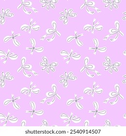 Seamless pattern featuring white hand-drawn bows on a soft pink background. This playful and charming design is perfect for wrapping paper, fabric, or digital backgrounds