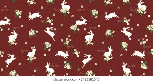 Seamless pattern featuring white rabbits and sweet osmanthus blooming on a red background vector illustration. suitable for backgrounds, patterns, textiles, and packaging design.
