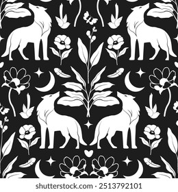 Seamless pattern featuring white wolves on a black background. This vector illustration is perfect for nature-inspired designs, fabrics, and wallpapers.