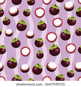 A seamless pattern featuring whole and halved mangosteens arranged over a soft purple wavy bg. This tropical fruit design adds a fresh and exotic touch to  textiles,wallpapers,or summer-them projects