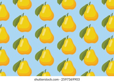 Seamless pattern featuring whole yellow pears with green leaves on a light blue background. Ideal for fruit-themed designs, organic food packaging, and kitchen textiles.