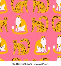 Seamless pattern featuring wild cats like tigers, leopards, and domestic cats on a soft pink background. Perfect for textiles, wallpapers, and creative designs with a playful yet stylish animal theme