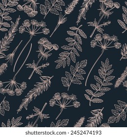 A seamless pattern featuring wild herbs in a vintage style with a grunge touch. Elegance to the botanical illustration. Not AI., vector de stoc