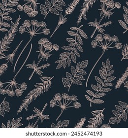 A seamless pattern featuring wild herbs in a vintage style with a grunge touch. Elegance to the botanical illustration. Not AI.