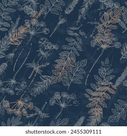 A seamless pattern featuring wild herbs in a vintage style with a grunge touch. Blue accents add elegance to the botanical illustration. Not AI.