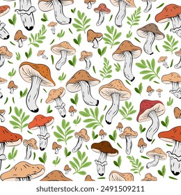 Seamless pattern featuring wild mushrooms on a white background, a pattern combining mushrooms and green leaves, autumnal in style.