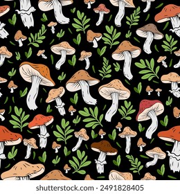 Seamless pattern featuring wild mushrooms on a black background, a pattern combining mushrooms and green leaves, autumnal in style.