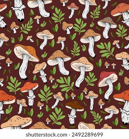 Seamless pattern featuring wild mushrooms on a brown background, a pattern combining mushrooms and green leaves, autumnal in style.