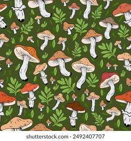 Seamless pattern featuring wild mushrooms on a green background, a pattern combining mushrooms and green leaves, autumnal in style.