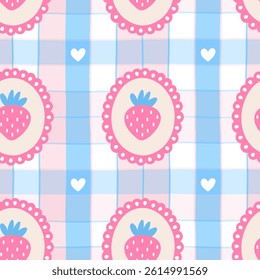 Seamless pattern featuring wild strawberries, gingham texture, and hearts. Perfect for fabric, wrapping paper, and romantic summer designs