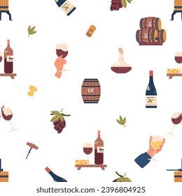Seamless Pattern Featuring Wine Bottles, Glasses, Grapes, And Barrels, Creating Winery Motif, Vector Illustration
