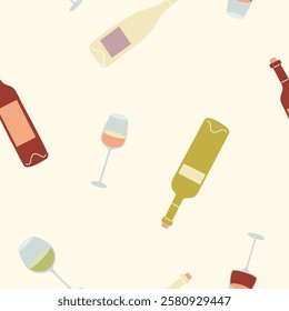 Seamless pattern featuring wine bottles, glasses on cream background.