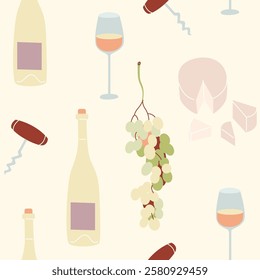 Seamless pattern featuring wine bottles, glasses, grapes, and cheese on cream background. Concept of wine and food pairing